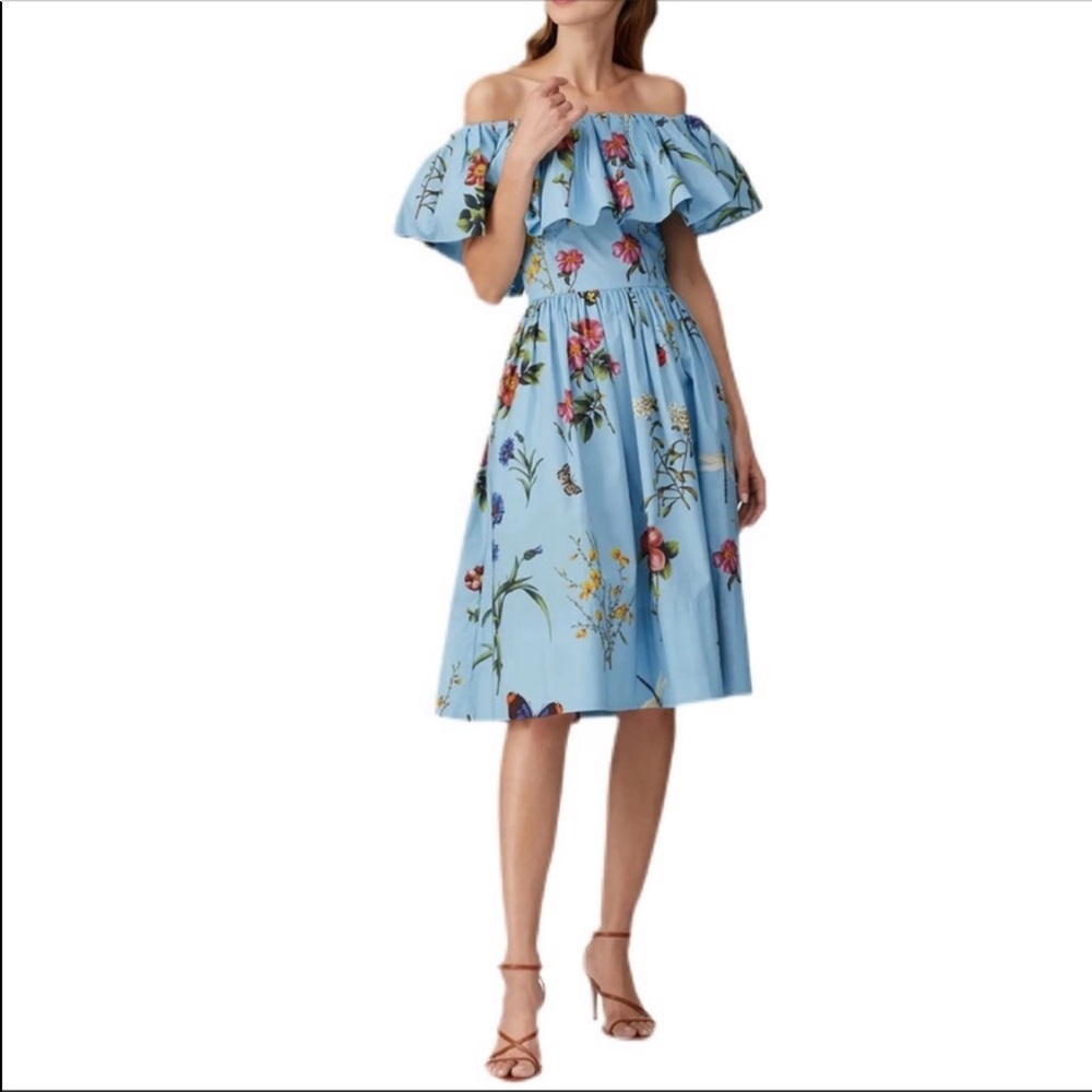 SOLD $1675 OSCAR DE LA RENTA off the shoulder blue floral dress size 8 - Picture 1 of 13